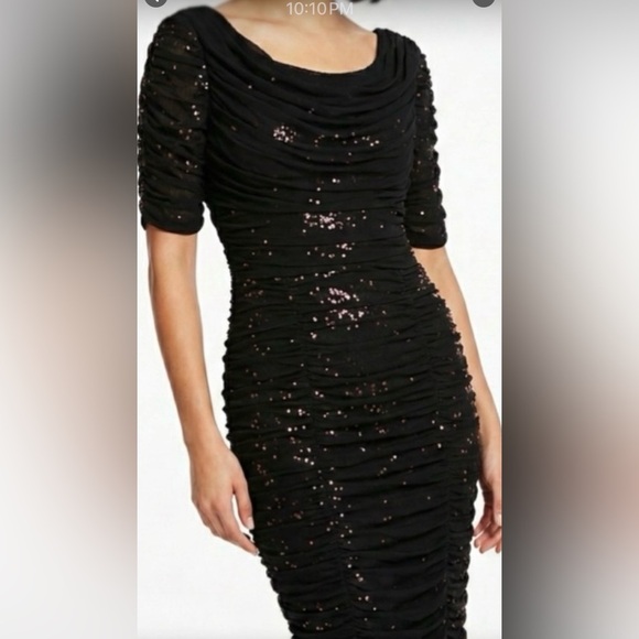 ALEX EVENINGS- Dress - Shimmering Rose Sequin Covered Ruches Black Chiffon SZ 6 - Picture 2 of 9